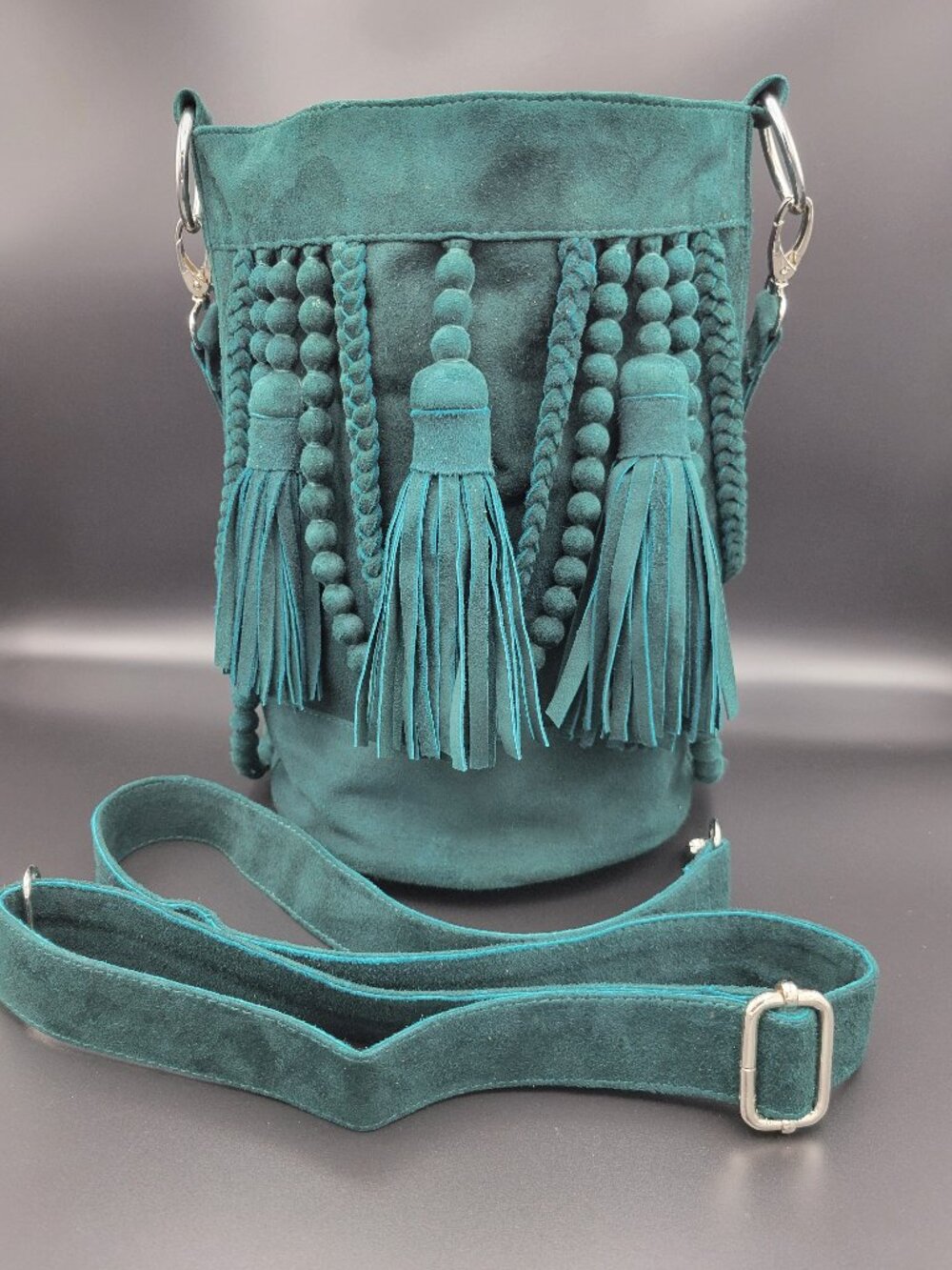 Jodi Lee Kelsey Bucket Bag- Jade Green Suede